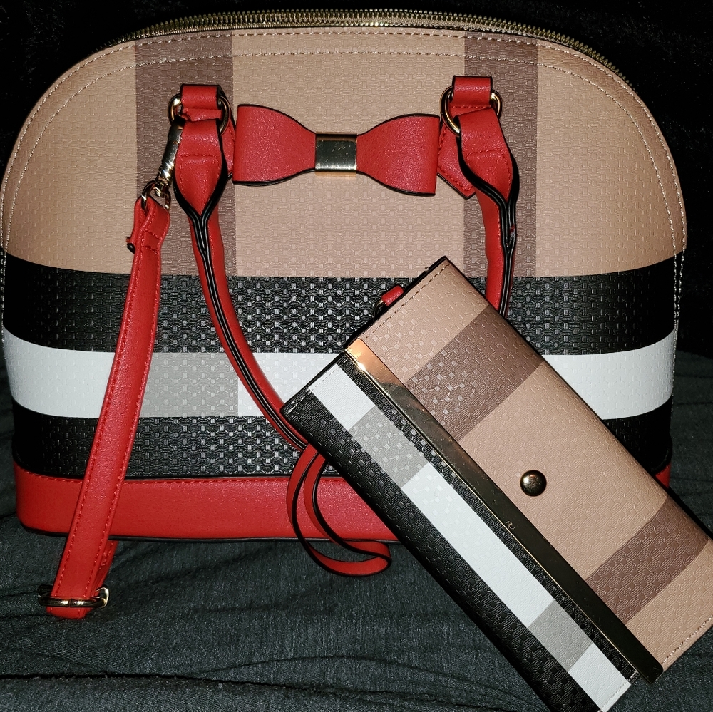 Red, Brown, Black, White Plaid Faux Leather Purse Bag with matching Wallet